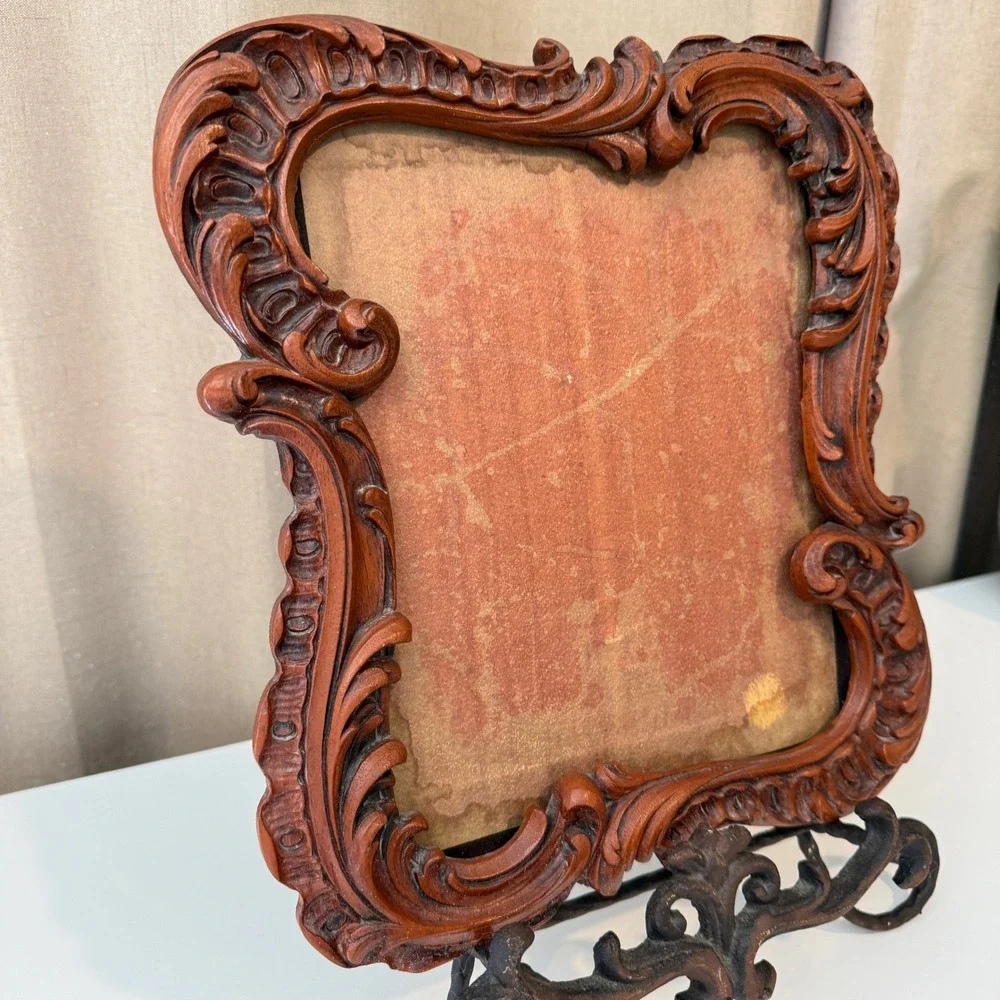 Vintage Ornate Scrollwork Picture Frame Brown Faux Wood Baroque Rococo Style